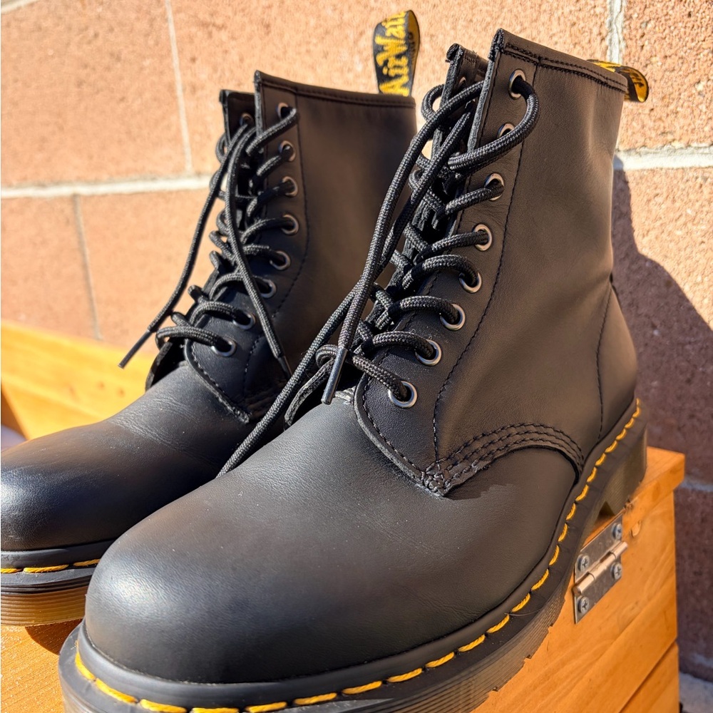 Dr. Martens Black Leather Lace-Up Boots with Yellow Stitching